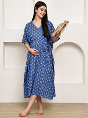 Blue Floral Cotton Maternity Kaftan Calf Length