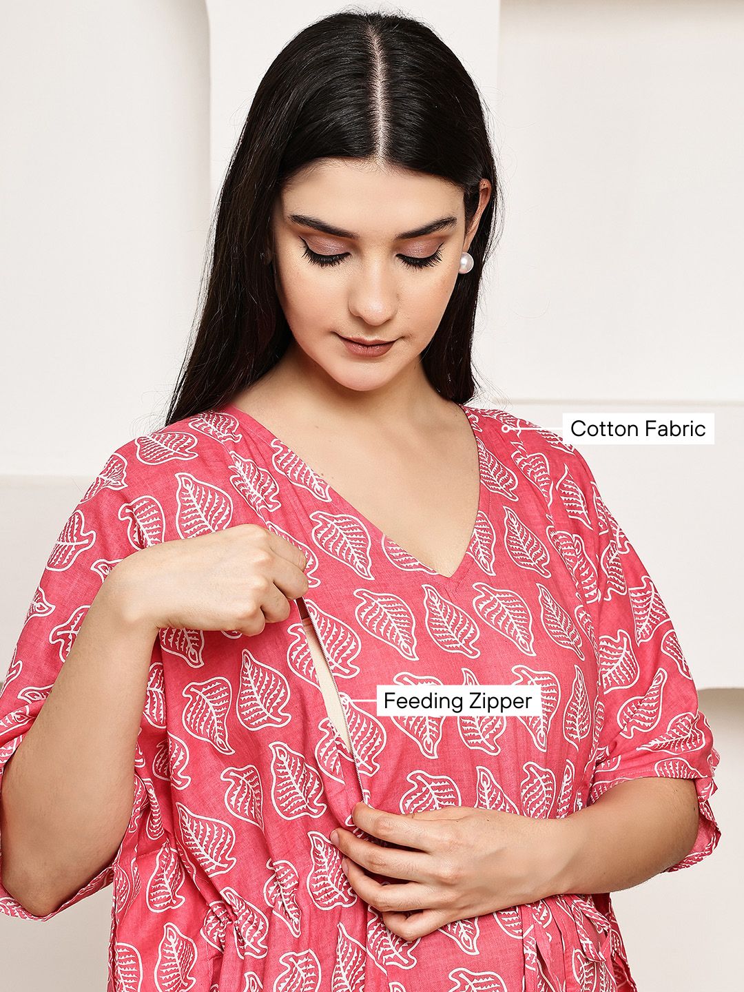 Pink Leaf Cotton Maternity Kaftan
