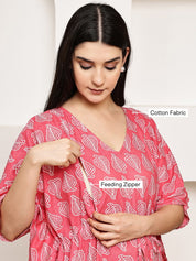 Pink Leaf Cotton Maternity Kaftan