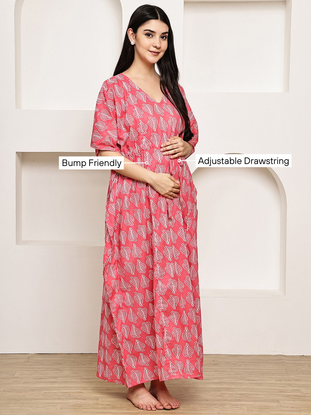 Pink Leaf Cotton Maternity Kaftan