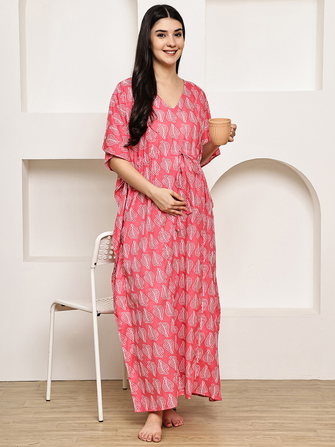 Pink Leaf Cotton Maternity Kaftan