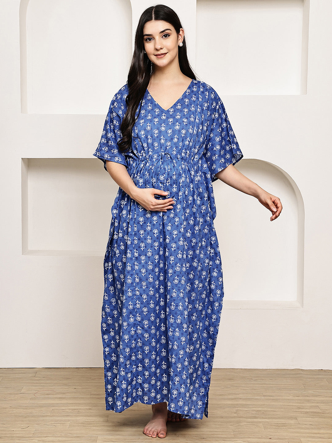Blue Floral Cotton Maternity Kaftan