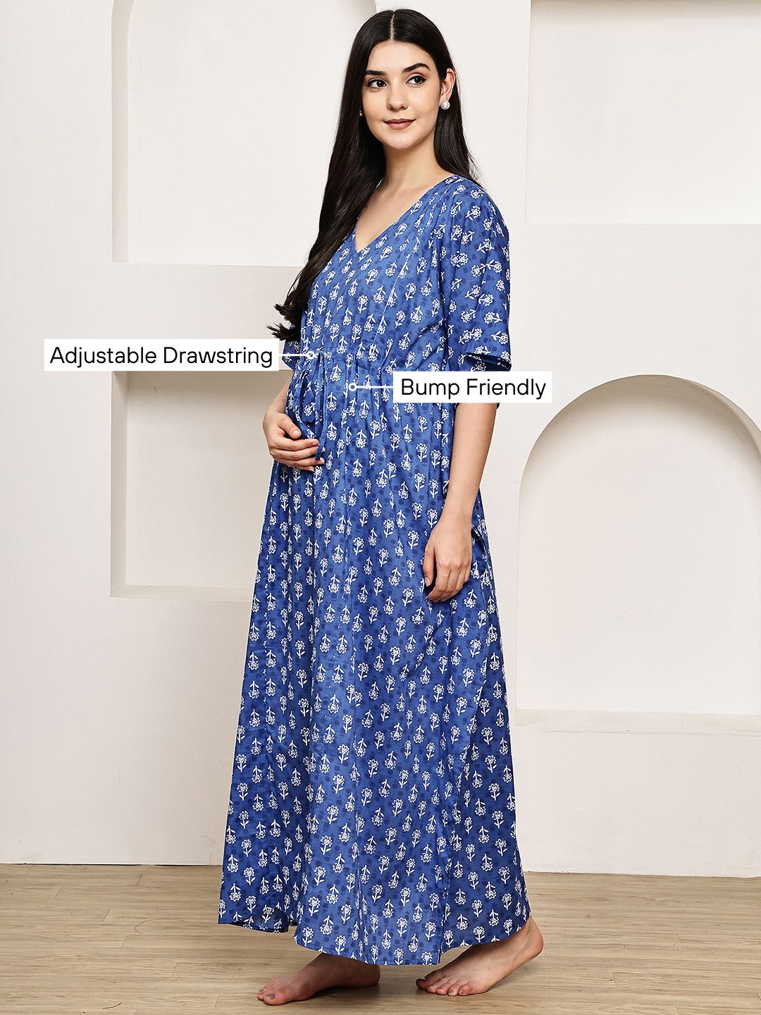 Blue Floral Cotton Maternity Kaftan