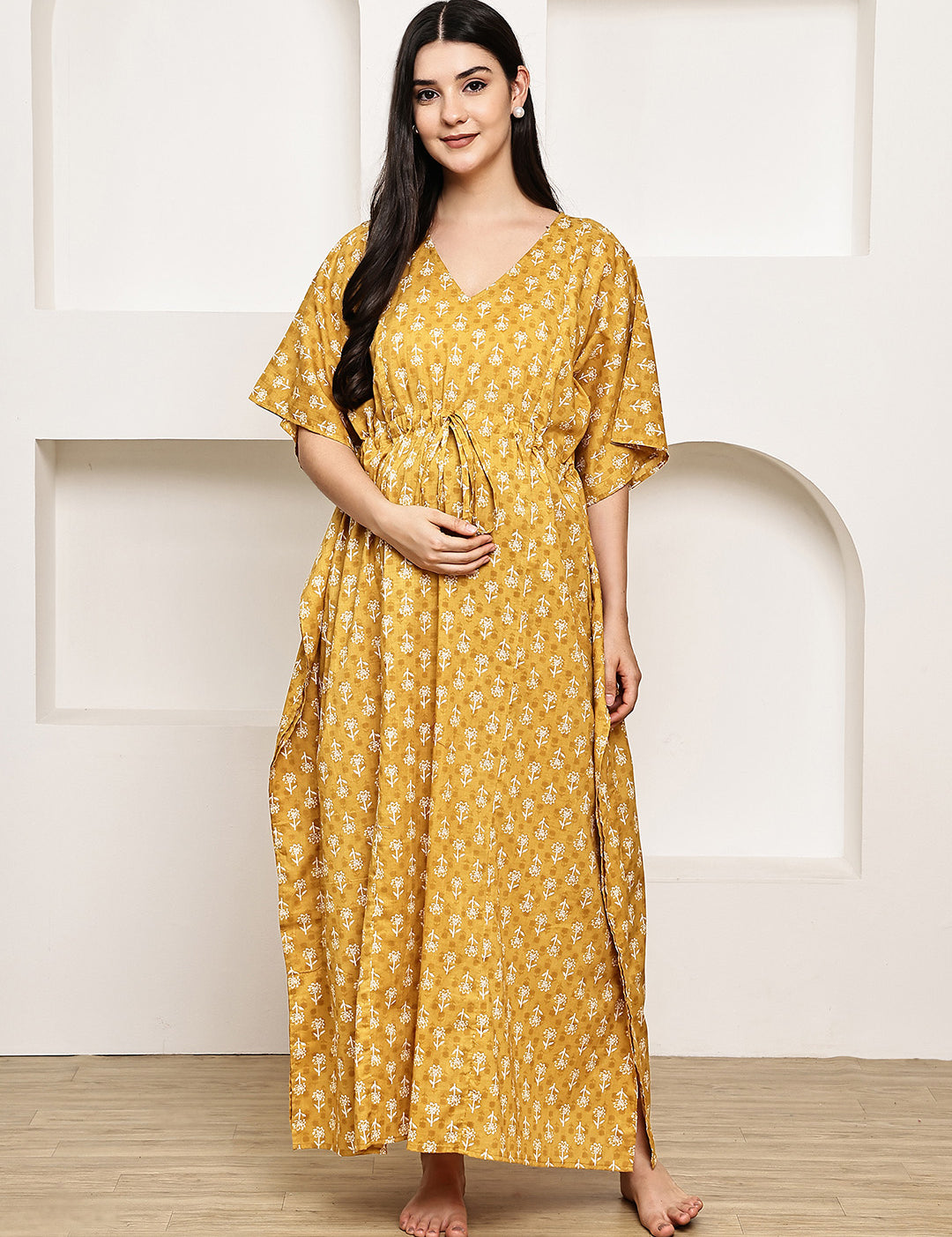 Mustard Floral Cotton Maternity Kaftan