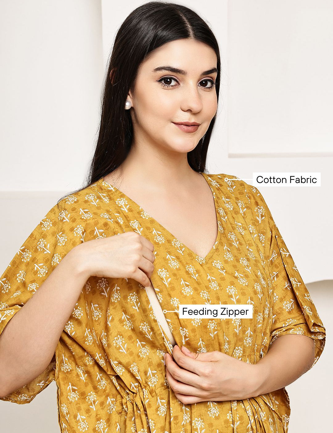 Mustard Floral Cotton Maternity Kaftan