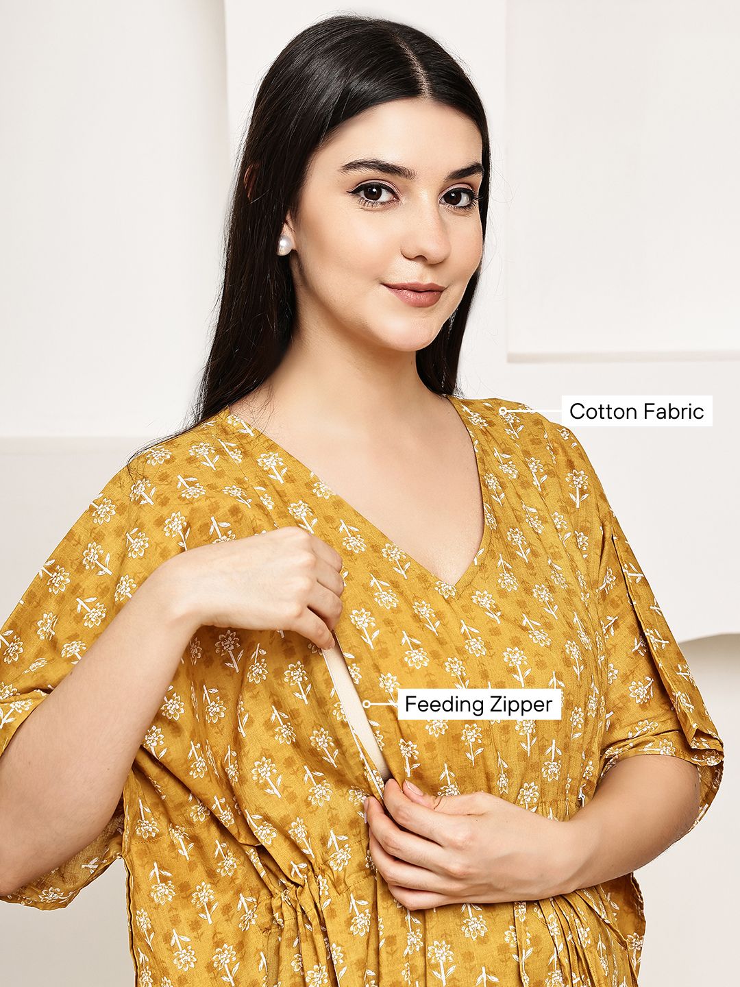 Mustard Floral Cotton Maternity Kaftan