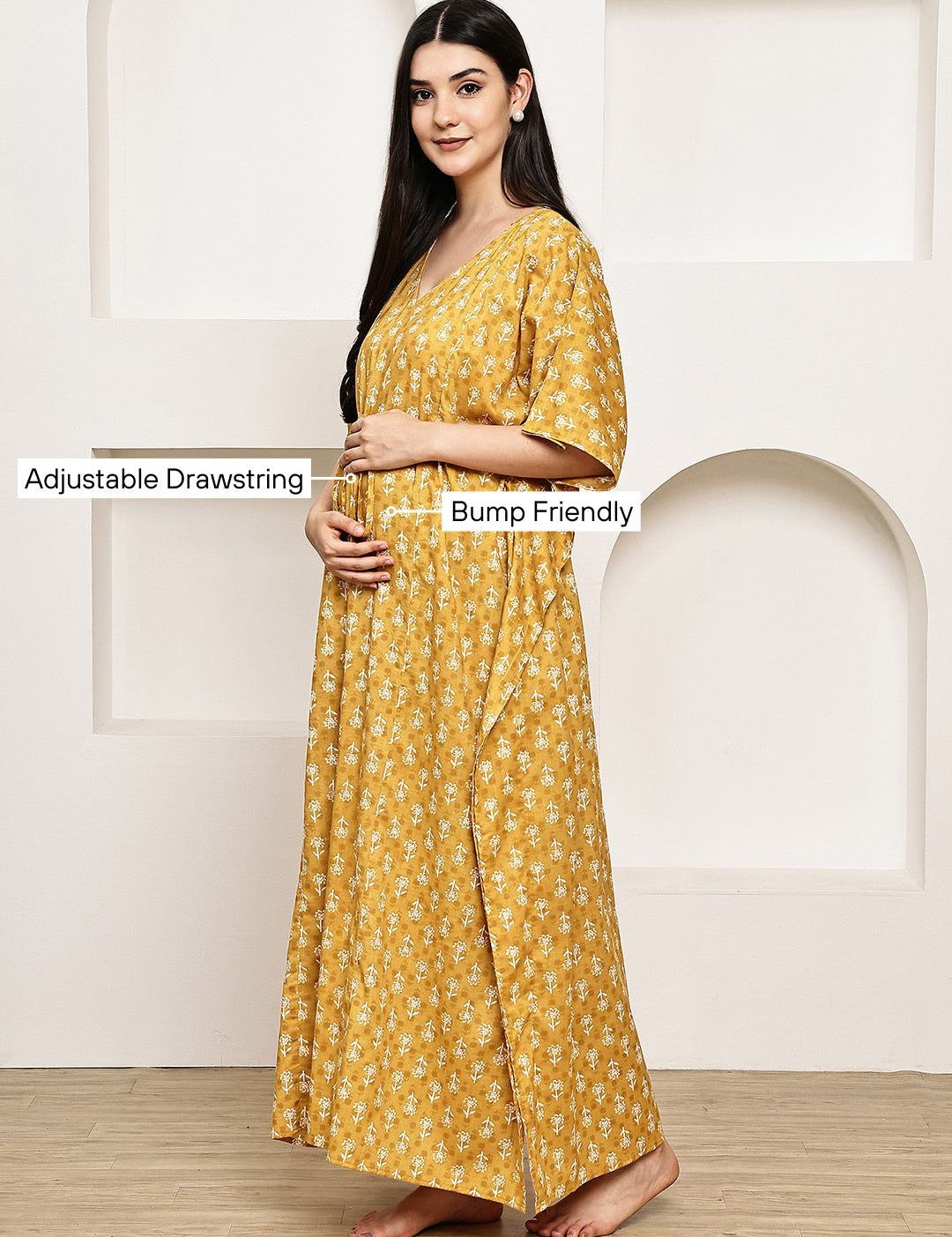 Mustard Floral Cotton Maternity Kaftan