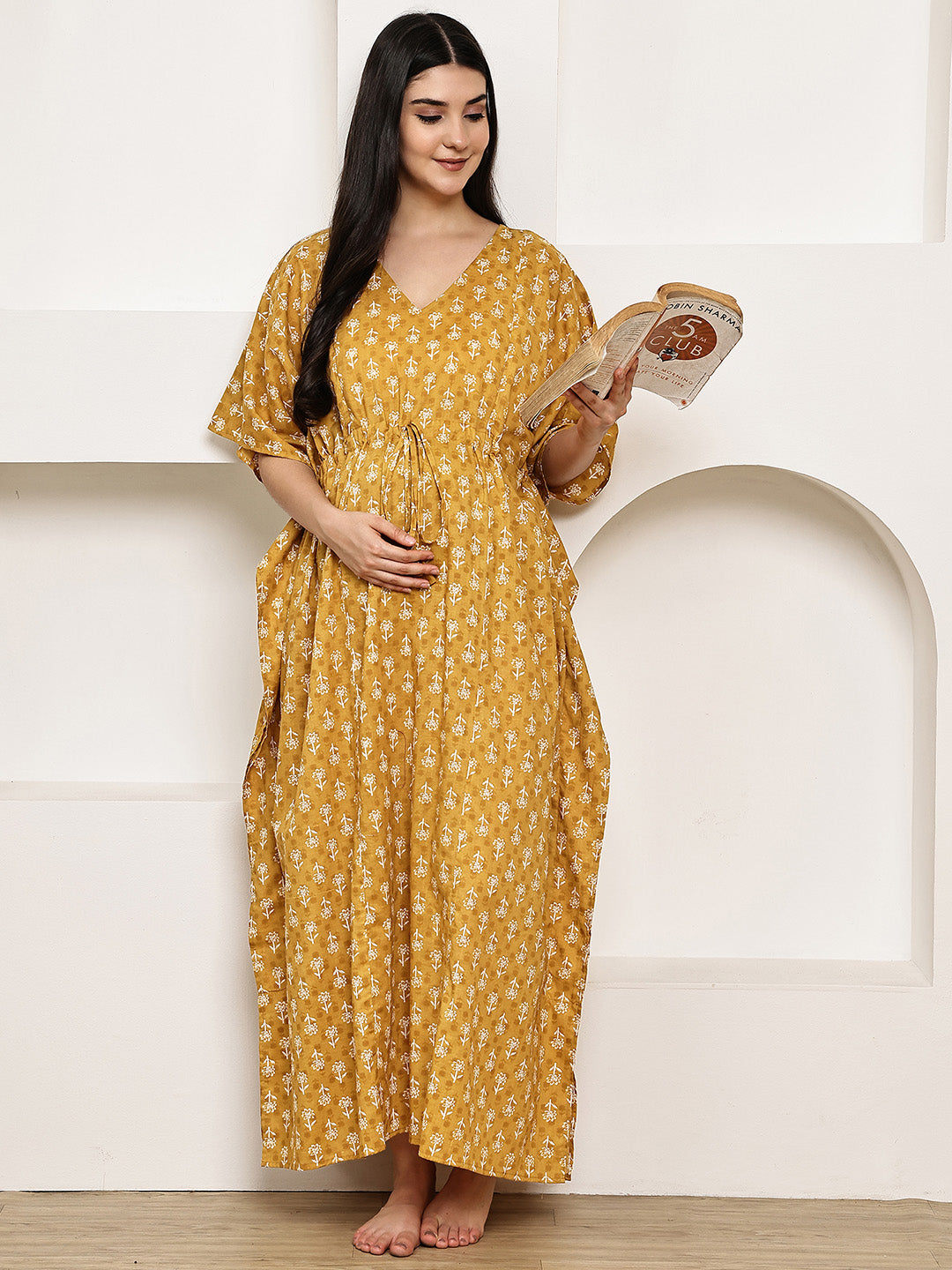 Mustard Floral Cotton Maternity Kaftan