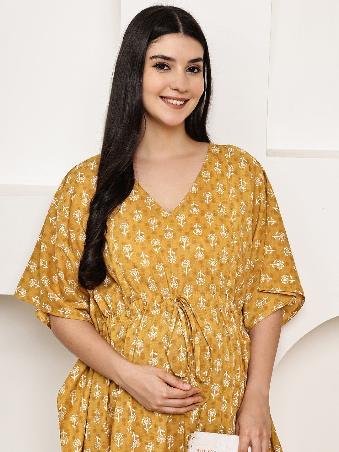 Mustard Floral Cotton Maternity Kaftan