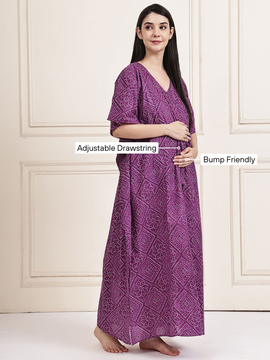 Purple Bandhani Cotton Maternity Kaftan