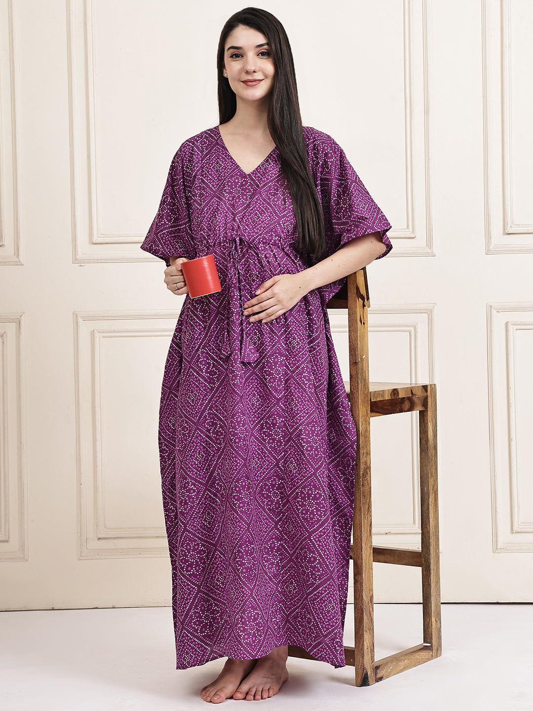 Purple Bandhani Cotton Maternity Kaftan
