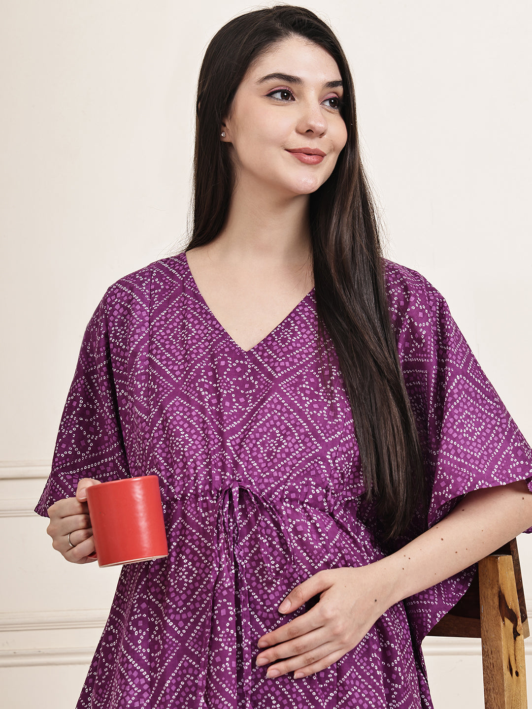 Purple Bandhani Cotton Maternity Kaftan
