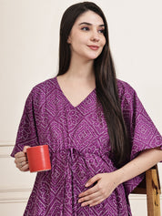 Purple Bandhani Cotton Maternity Kaftan