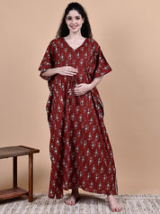 Maroon Ikkat Floral Print Cotton Maternity Kaftan