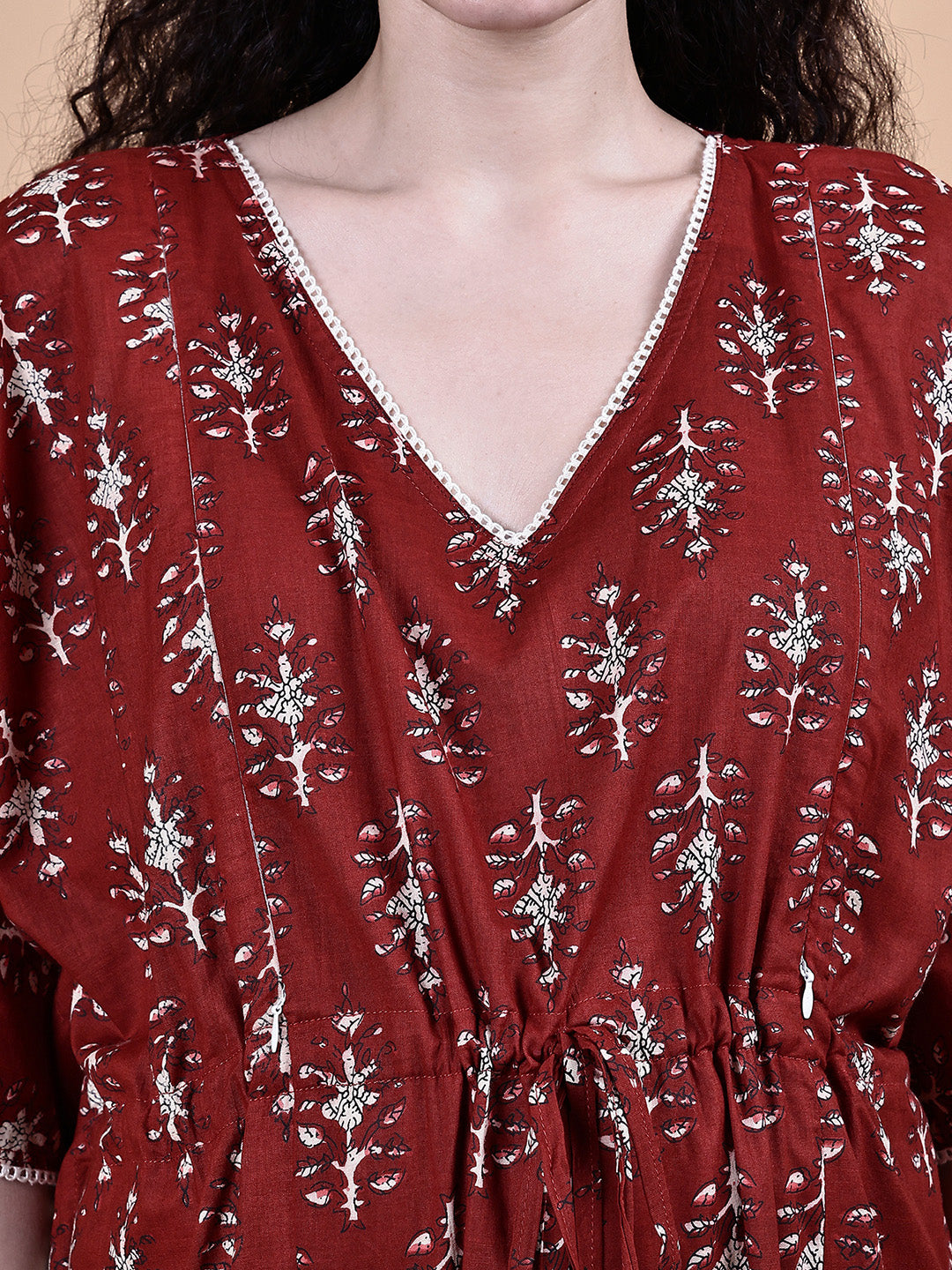 Maroon Ikkat Floral Print Cotton Maternity Kaftan