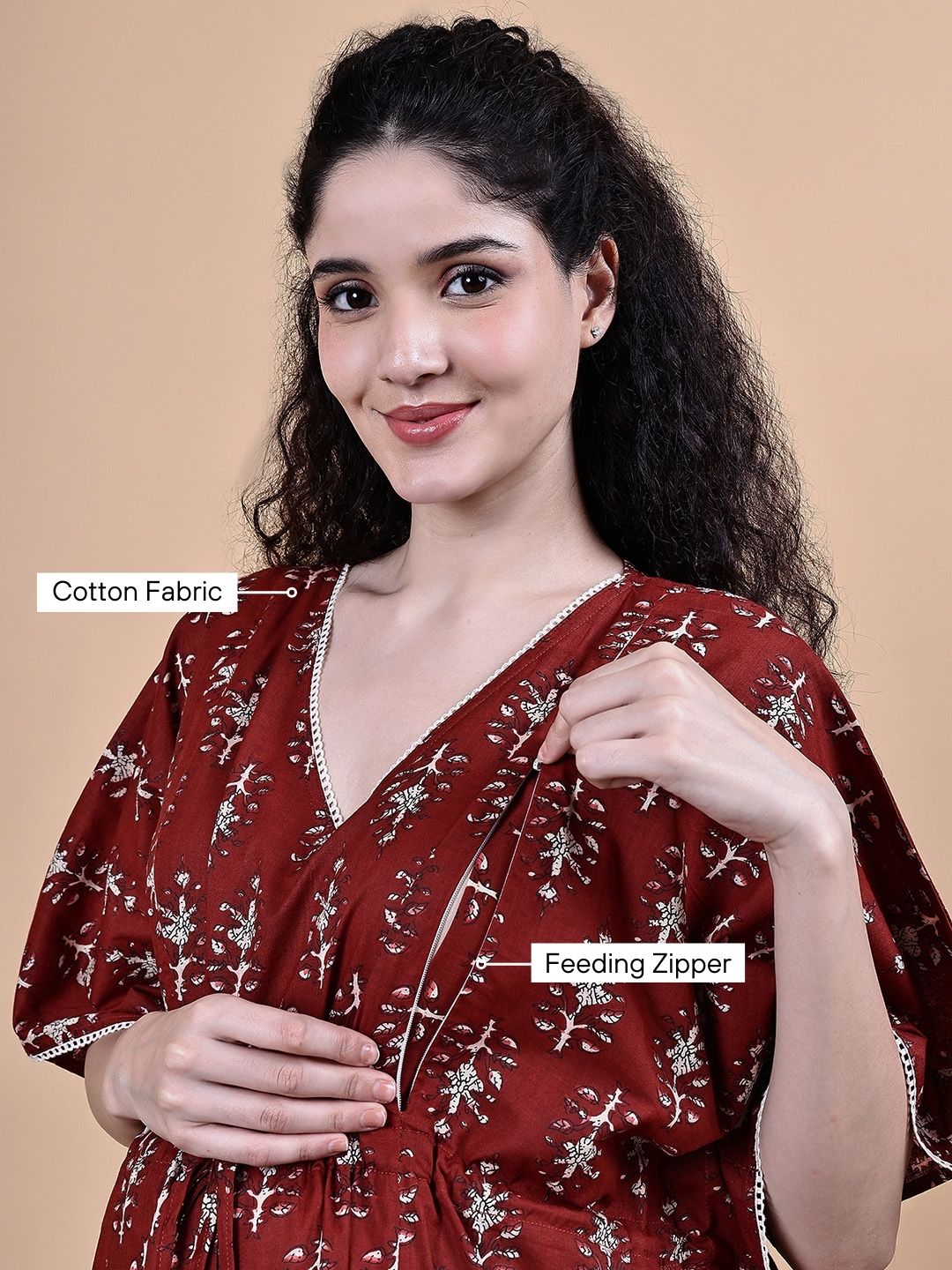 Maroon Ikkat Floral Print Cotton Maternity Kaftan