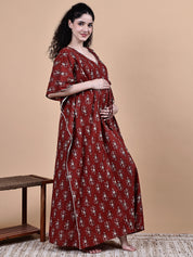 Maroon Ikkat Floral Print Cotton Maternity Kaftan