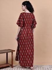 Maroon Ikkat Floral Print Cotton Maternity Kaftan