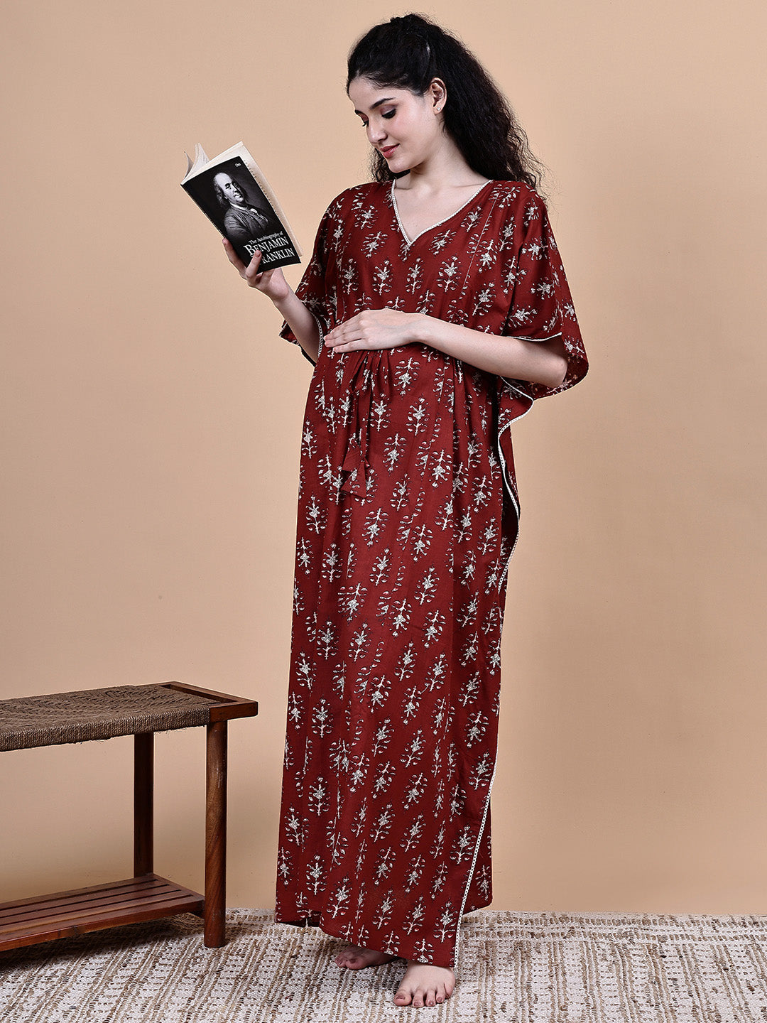 Maroon Ikkat Floral Print Cotton Maternity Kaftan
