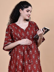 Maroon Ikkat Floral Print Cotton Maternity Kaftan