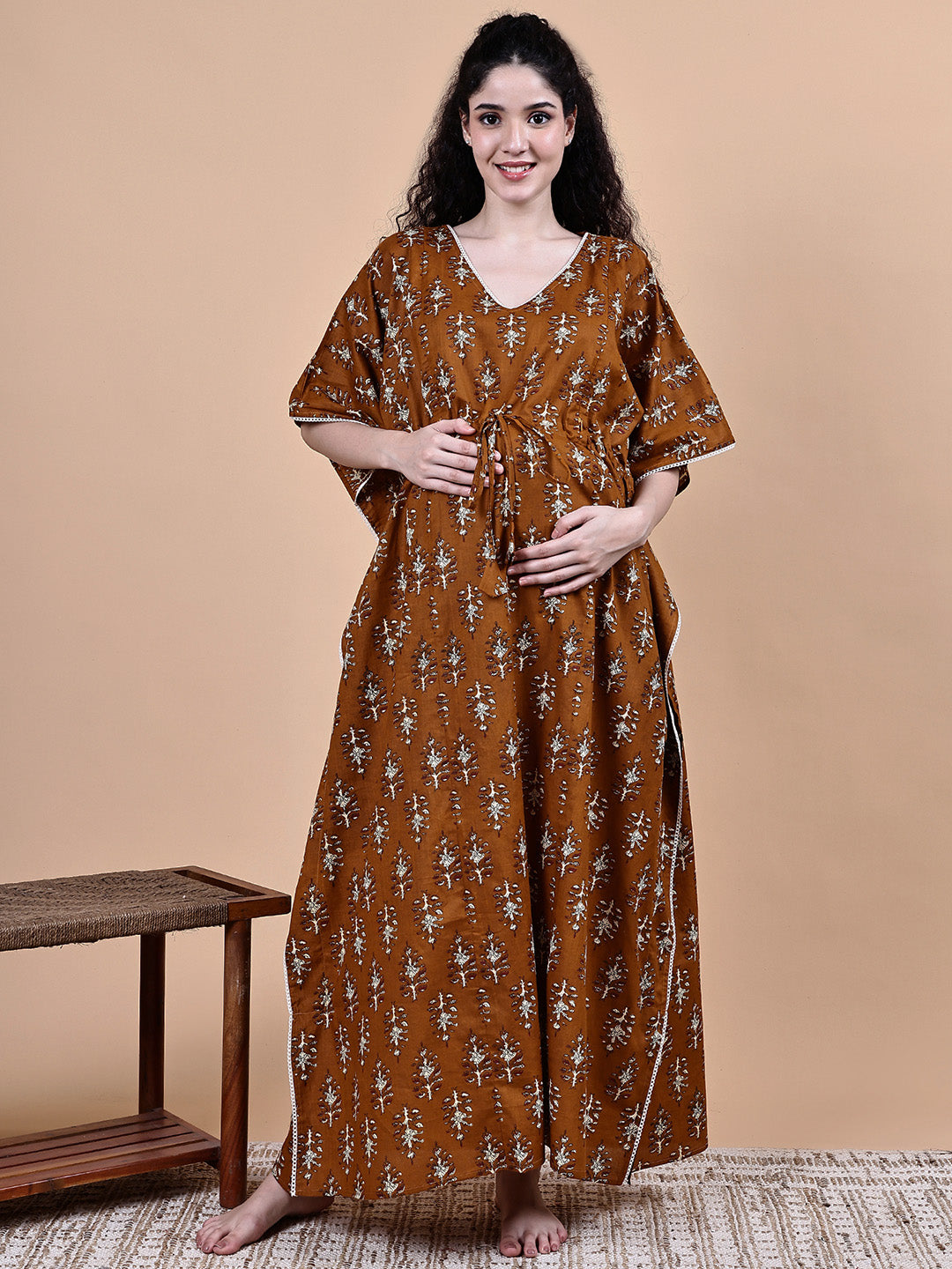 Brown Ikkat Floral Print Cotton Maternity Kaftan