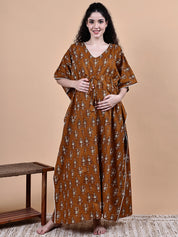 Brown Ikkat Floral Print Cotton Maternity Kaftan