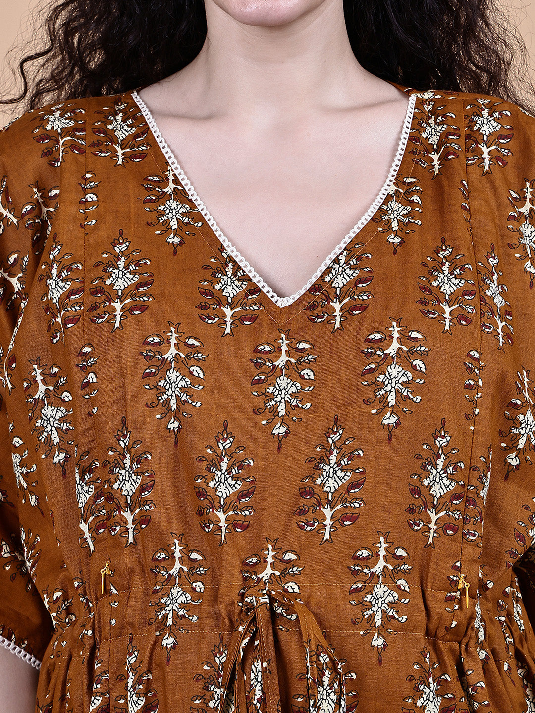 Brown Ikkat Floral Print Cotton Maternity Kaftan