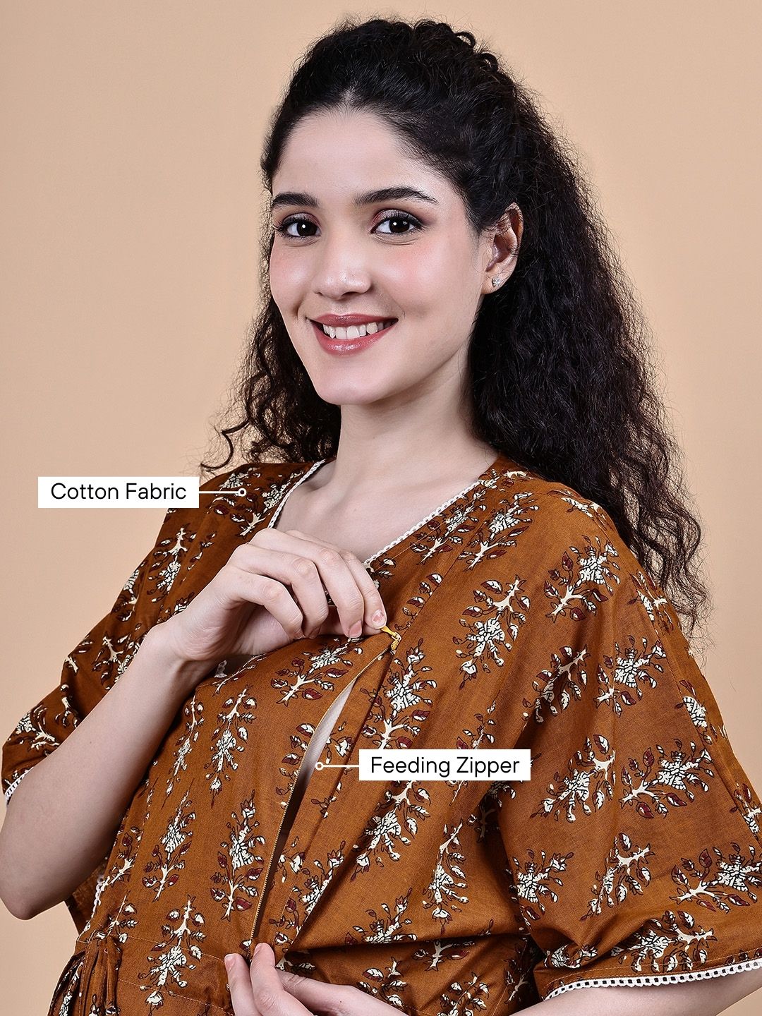 Brown Ikkat Floral Print Cotton Maternity Kaftan