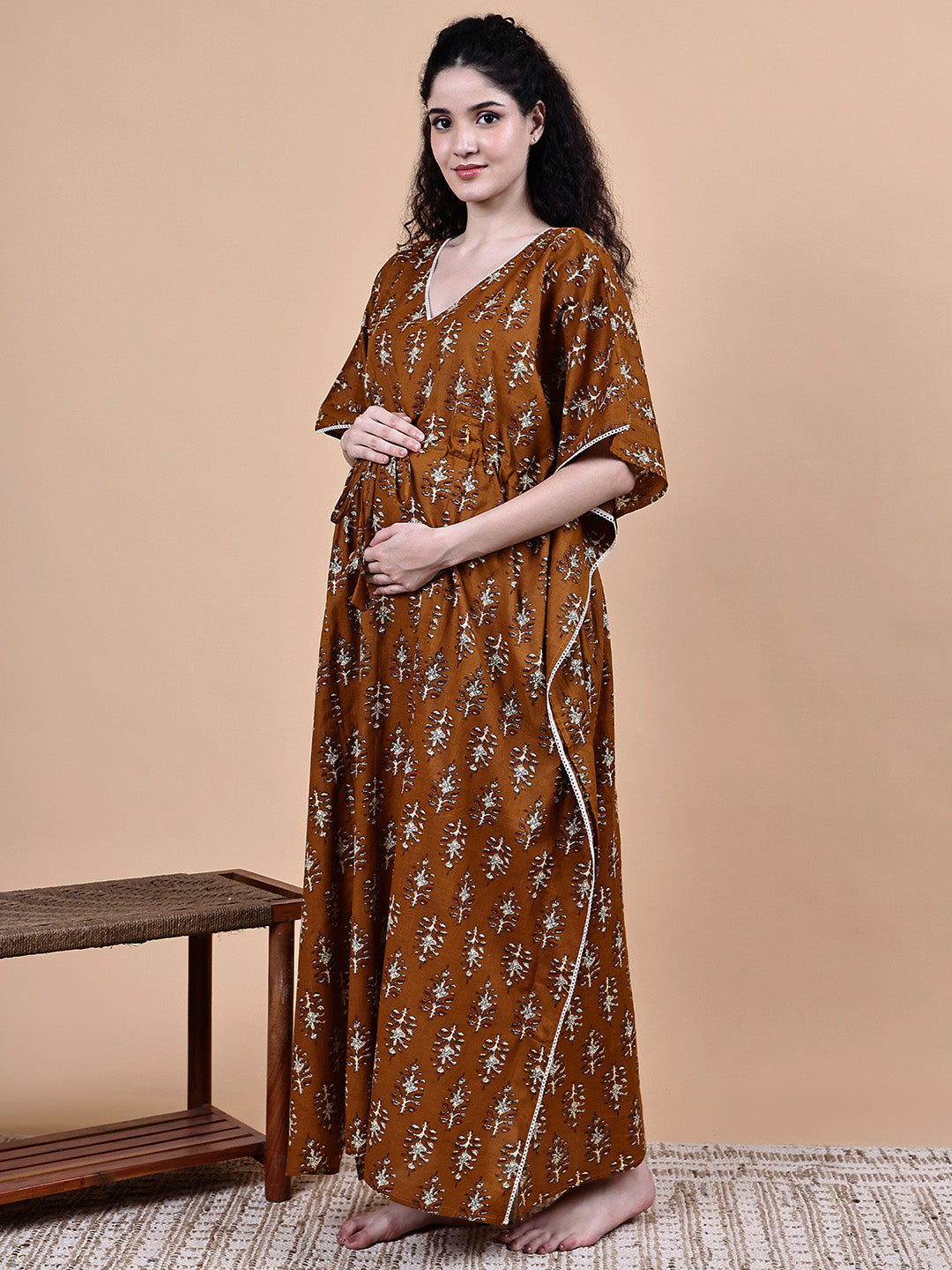 Brown Ikkat Floral Print Cotton Maternity Kaftan