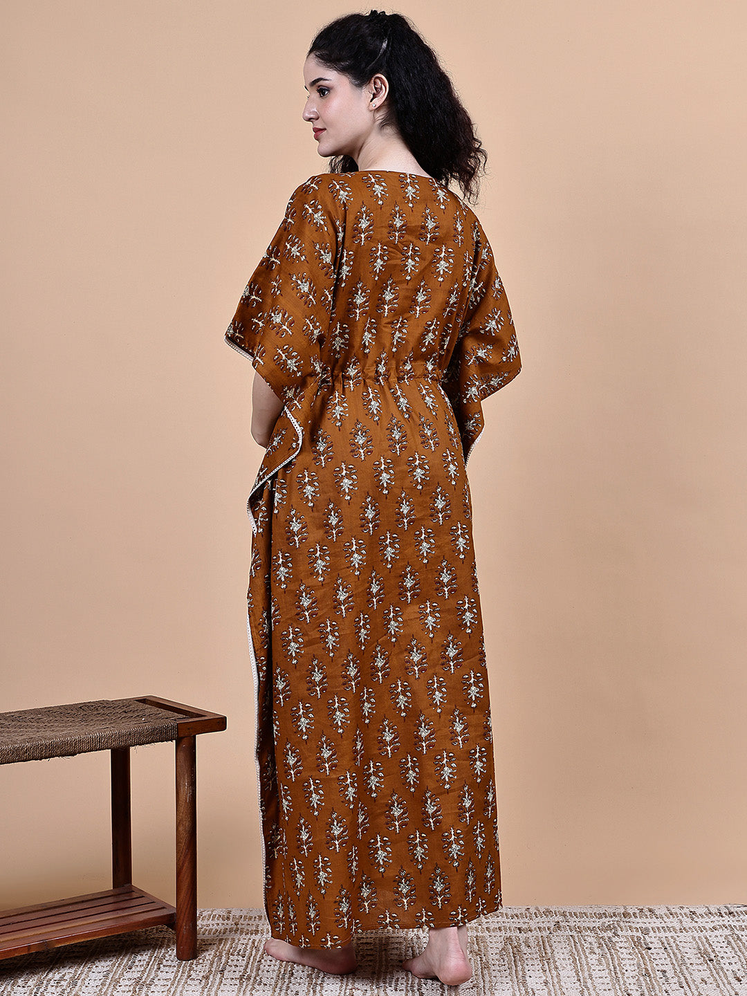 Brown Ikkat Floral Print Cotton Maternity Kaftan