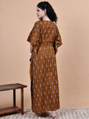 Brown Ikkat Floral Print Cotton Maternity Kaftan