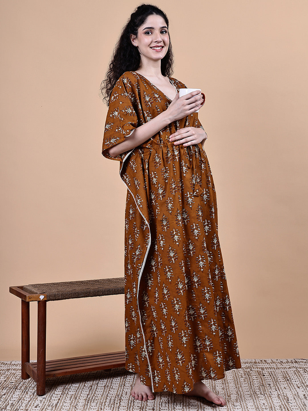 Brown Ikkat Floral Print Cotton Maternity Kaftan