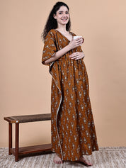 Brown Ikkat Floral Print Cotton Maternity Kaftan
