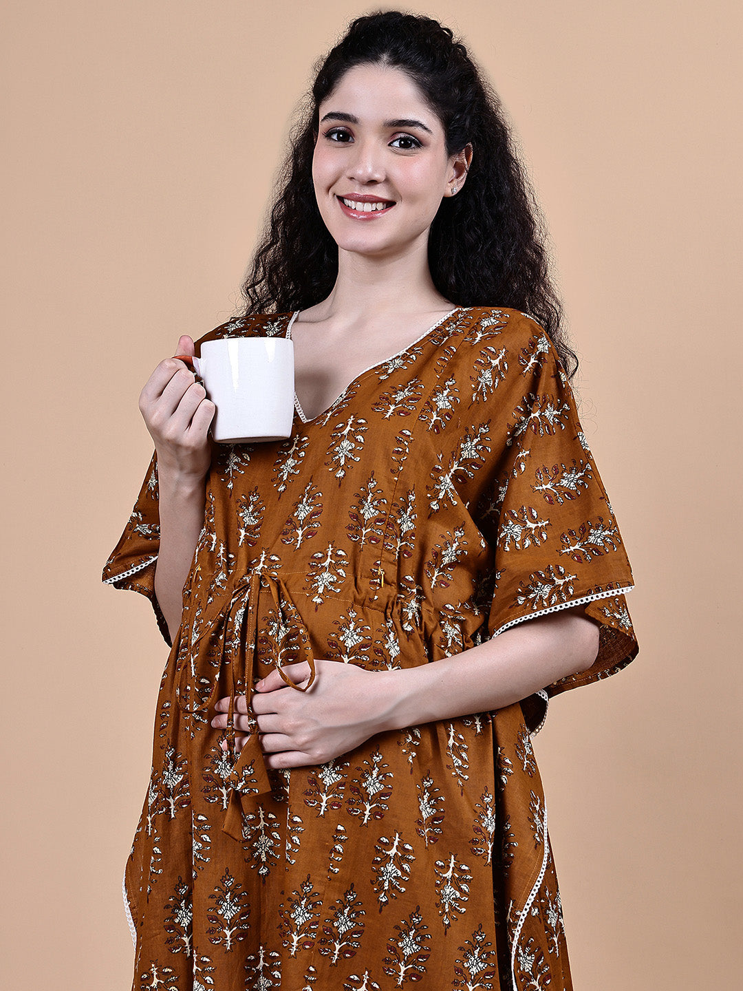 Brown Ikkat Floral Print Cotton Maternity Kaftan