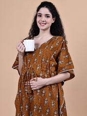 Brown Ikkat Floral Print Cotton Maternity Kaftan