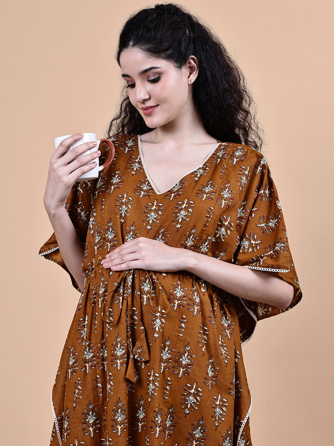 Brown Ikkat Floral Print Cotton Maternity Kaftan