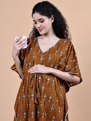 Brown Ikkat Floral Print Cotton Maternity Kaftan