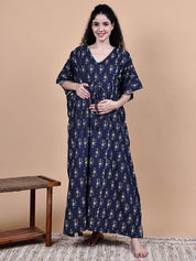 Navy Blue Ikkat Floral Print Cotton Maternity Kaftan