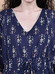 Navy Blue Ikkat Floral Print Cotton Maternity Kaftan