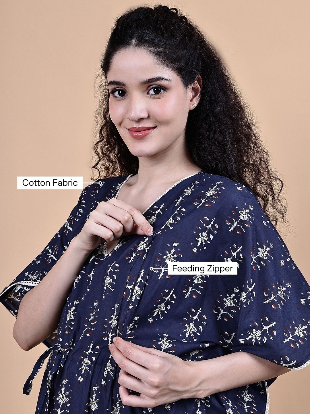Navy Blue Ikkat Floral Print Cotton Maternity Kaftan