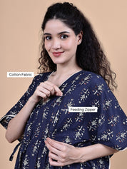 Navy Blue Ikkat Floral Print Cotton Maternity Kaftan