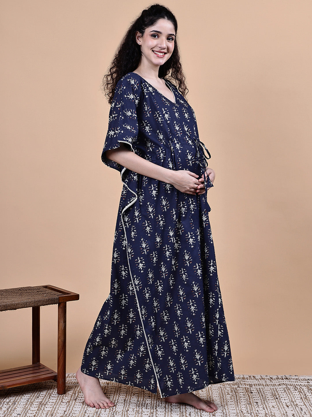 Navy Blue Ikkat Floral Print Cotton Maternity Kaftan
