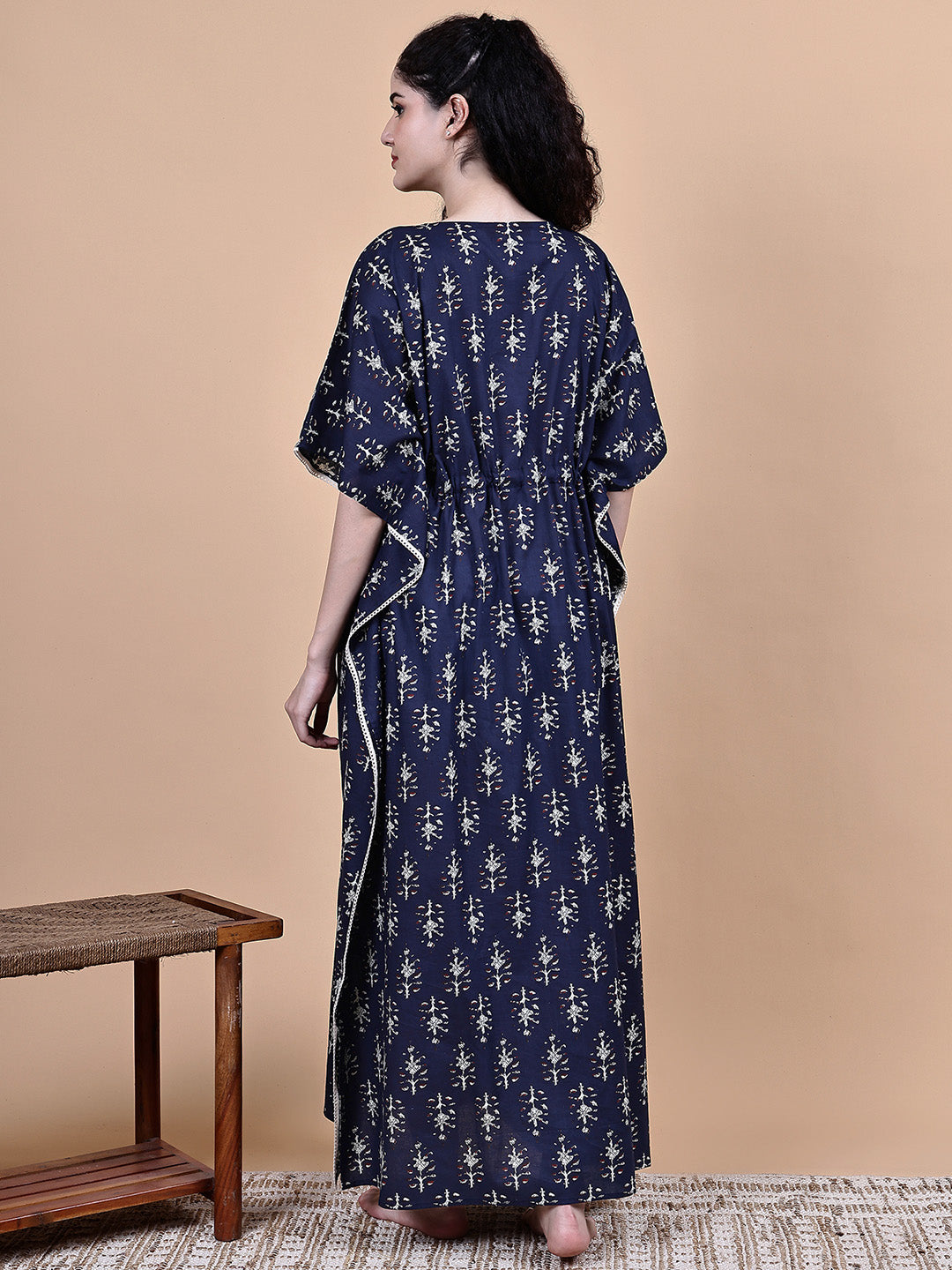 Navy Blue Ikkat Floral Print Cotton Maternity Kaftan