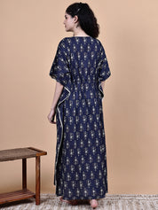Navy Blue Ikkat Floral Print Cotton Maternity Kaftan