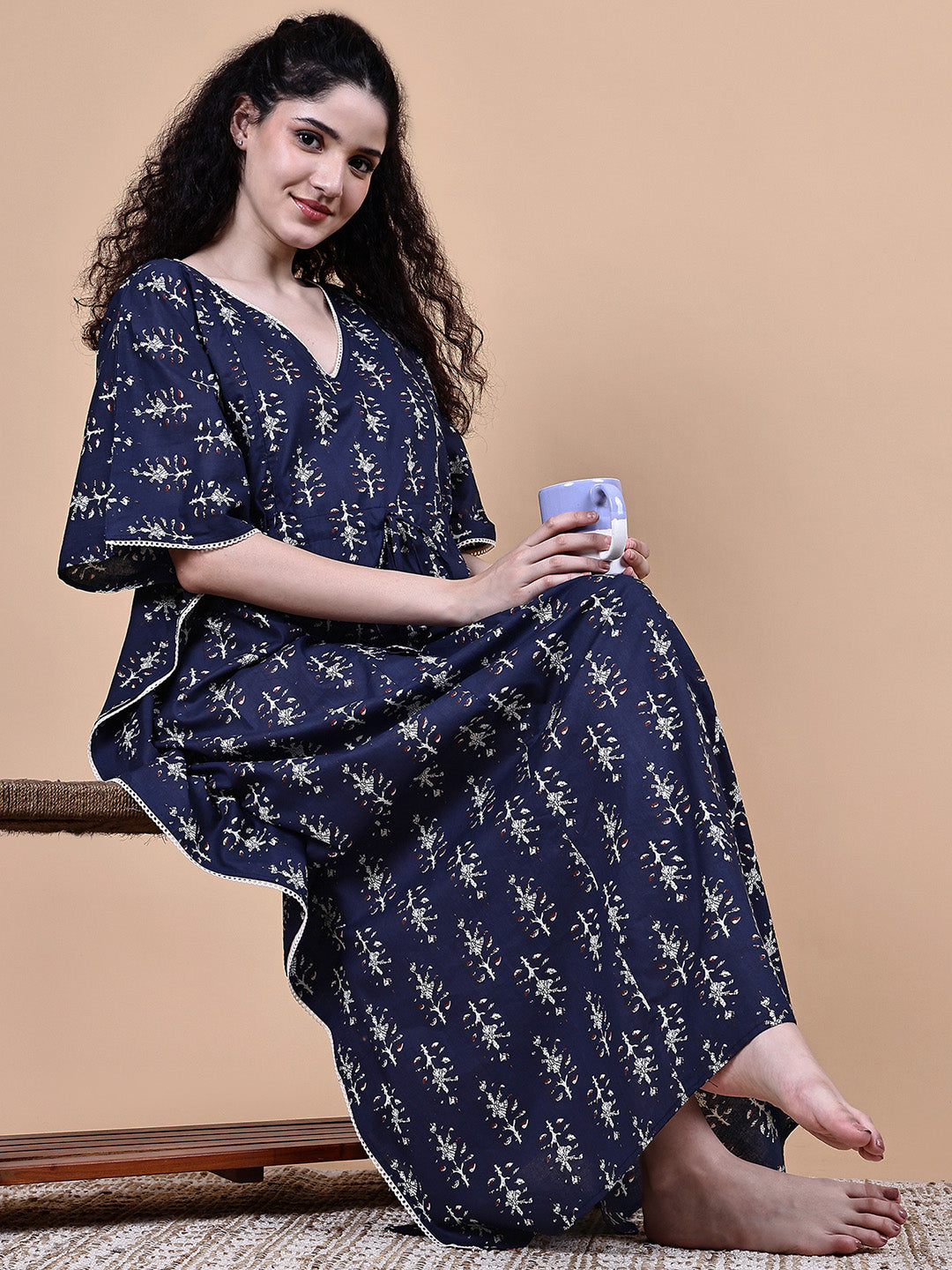 Navy Blue Ikkat Floral Print Cotton Maternity Kaftan