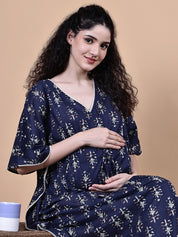 Navy Blue Ikkat Floral Print Cotton Maternity Kaftan