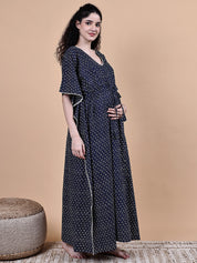 Navy Blue Floral Cotton Maternity Kaftan