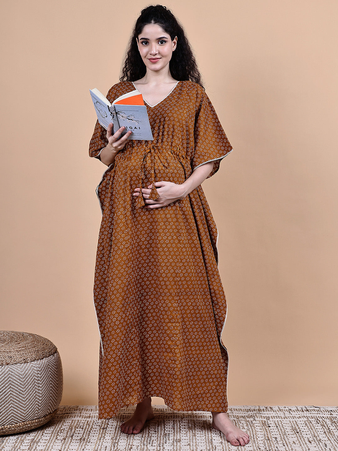 Brown Floral Cotton Maternity Kaftan