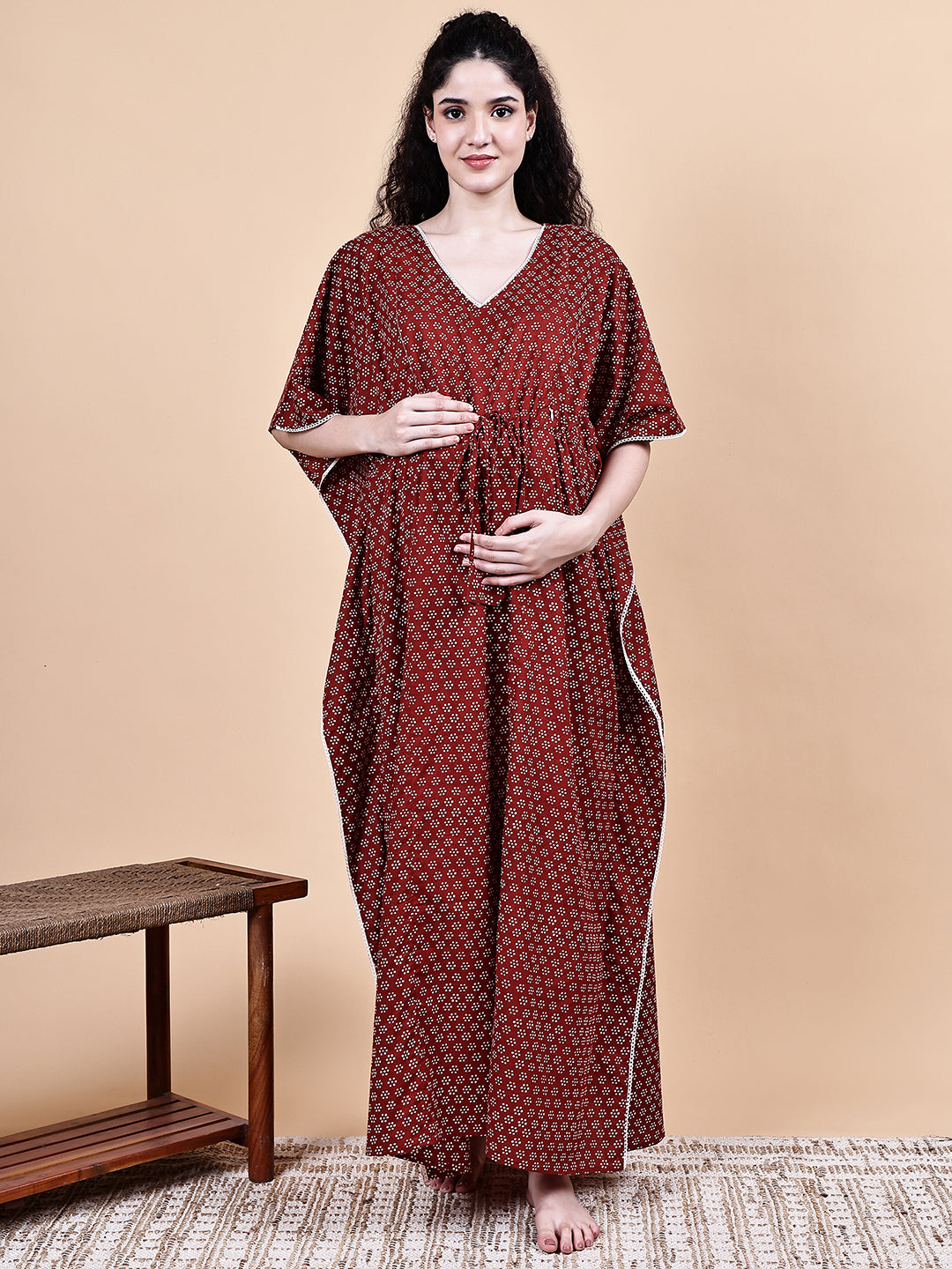 Maroon Floral Cotton Maternity Kaftan