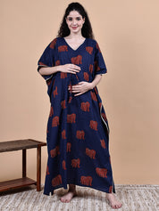 Navy Blue Elephant Cotton Maternity Kaftan